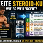 Kalender mit markierten Kur-Wochen, Blutröhrchen und Laborbefund neben Testosteron-Fläschchen – Planung der zweiten Steroid-Kur nach dokumentierter Recovery.