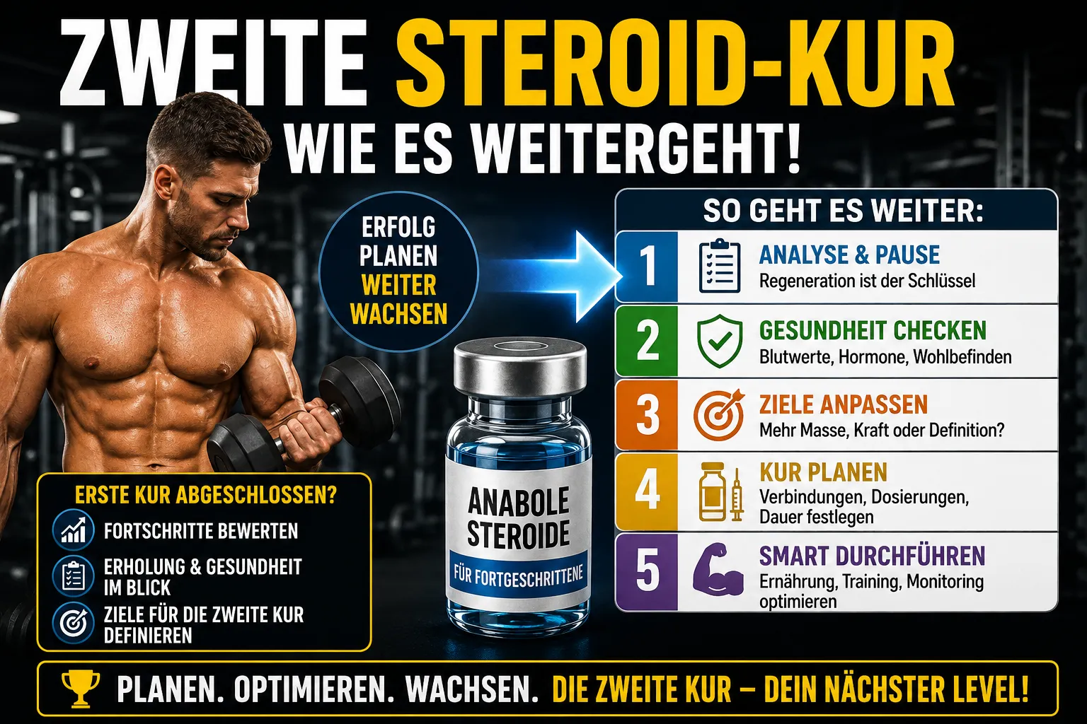 HomepageN 13 Kalender mit markierten Kur-Wochen, Blutröhrchen und Laborbefund neben Testosteron-Fläschchen – Planung der zweiten Steroid-Kur nach dokumentierter Recovery.