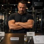 Erfahrener Bodybuilder steht mit verschränkten Armen im Fitnessstudio und blickt auf zwei Gruppen am Tisch — Kur 1 mit einem Testosteron-Enantat-Fläschchen und Kur 2 mit gleichem Fläschchen plus Blutbild-Ausdruck mit Testosteron, LH, FSH, Hämatokrit und HDL-LDL-Markern