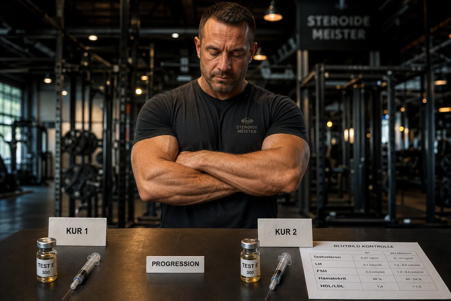 HomepageN 13 Erfahrener Bodybuilder steht mit verschränkten Armen im Fitnessstudio und blickt auf zwei Gruppen am Tisch — Kur 1 mit einem Testosteron-Enantat-Fläschchen und Kur 2 mit gleichem Fläschchen plus Blutbild-Ausdruck mit Testosteron, LH, FSH, Hämatokrit und HDL-LDL-Markern