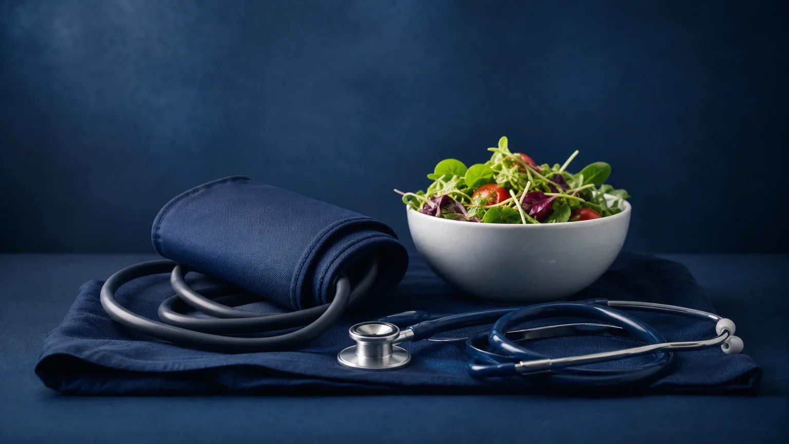 Blutdruckmanschette, Stethoskop und Salatschale auf Leinen – Gesundheitsrisiken von Fettleibigkeit