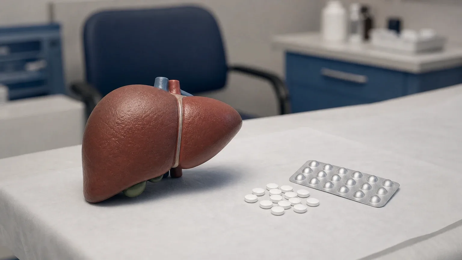 Anatomisches Lebermodell neben weißen Tabletten auf einem Untersuchungstisch – Lebertoxizität oraler Steroide