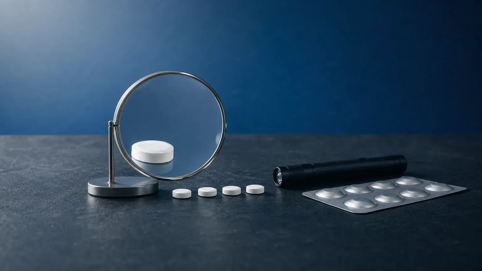 Tabletten hinter einer Lupe neben einer UV-Taschenlampe auf Schiefer – Methandienon-Tabletten: Gehalt und Echtheitsprüfung