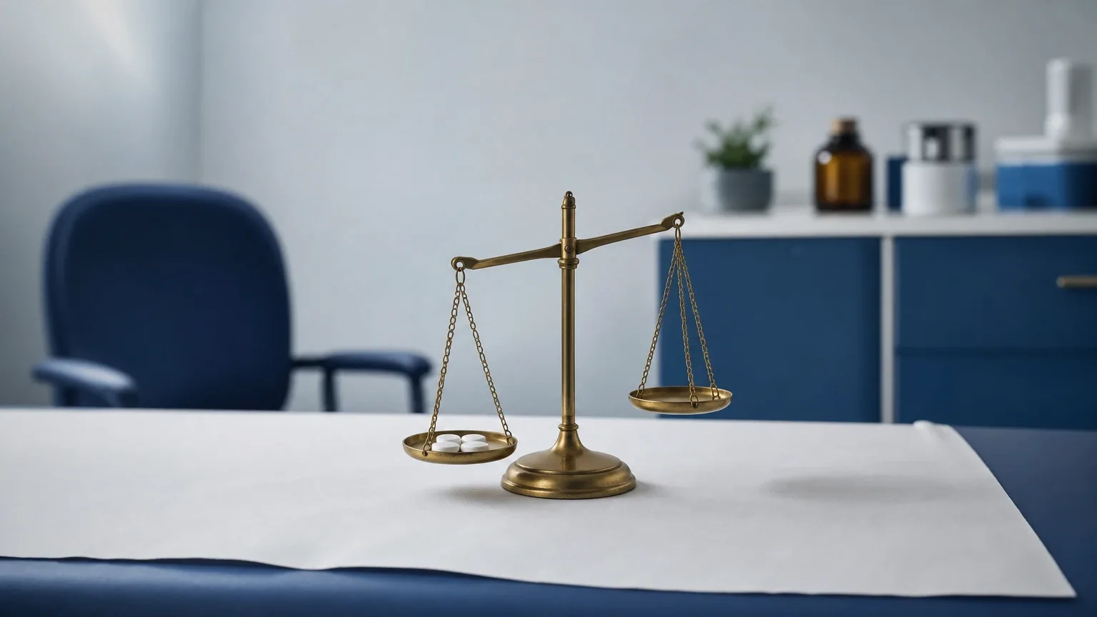 Messingwaage mit Tabletten auf einer Waagschale – Anabole Steroide: Vorteile, Risiken und Missverständnisse