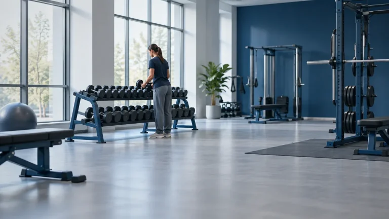Sportliche Frau von hinten an einem Hantelregal im Fitnessstudio – anabole Steroide für Frauen