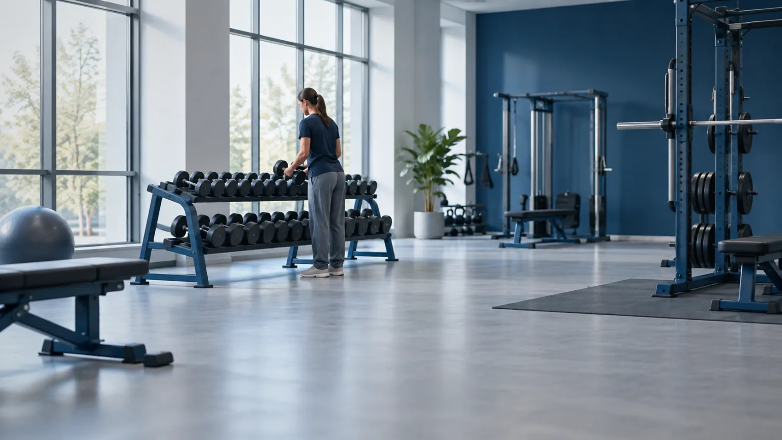 Sportliche Frau von hinten an einem Hantelregal im Fitnessstudio – anabole Steroide für Frauen