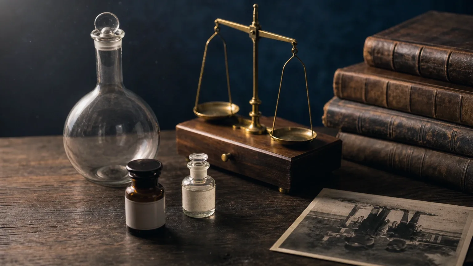 Historische Laborglasgeräte, Messingwaage und alte Bücher auf dunklem Holz – Geschichte der anabolen Steroide