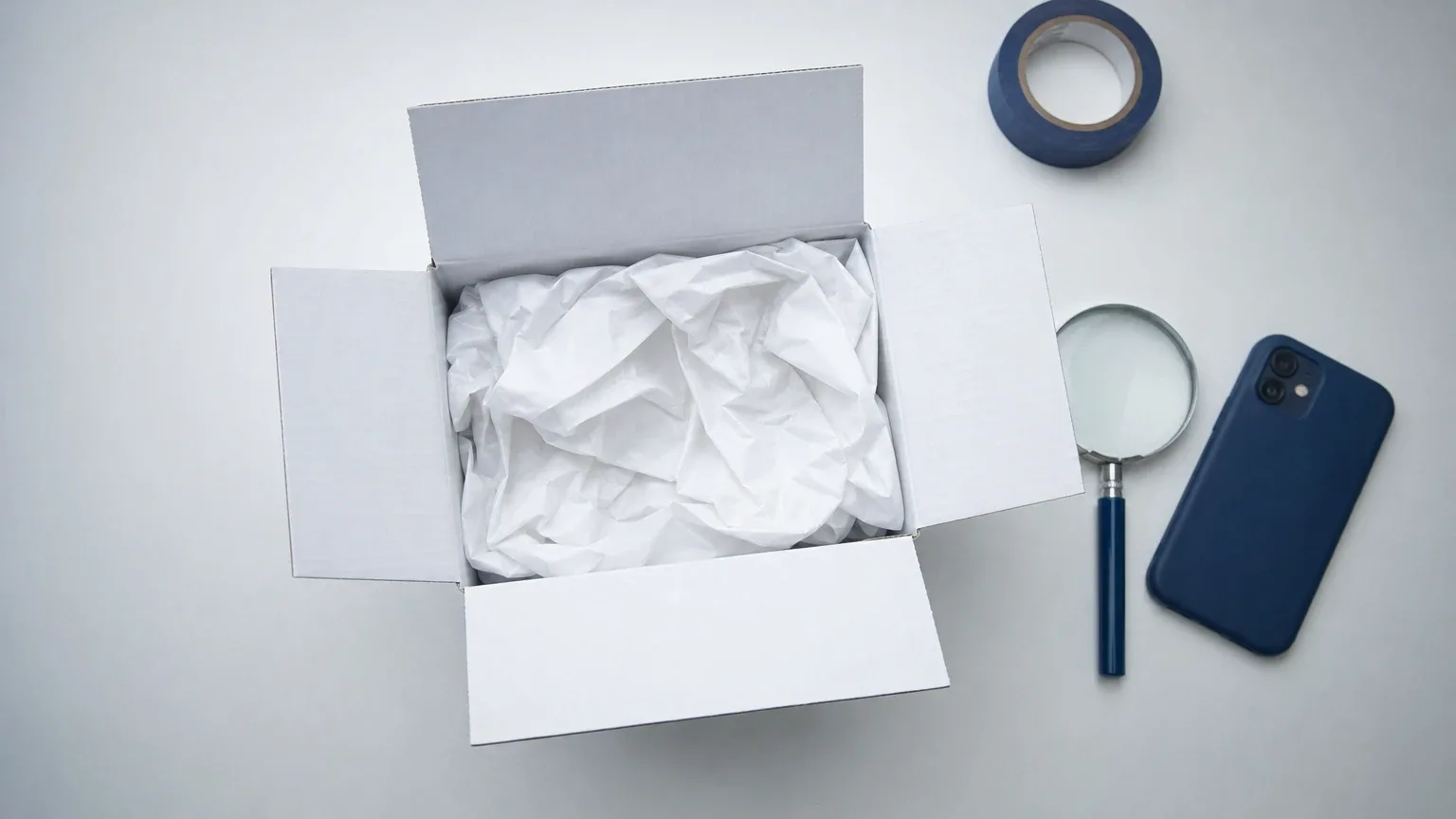 Geöffnetes neutrales Paket, Lupe und Smartphone auf einer Laborbank – Anabolika Shop Erfahrungen: Red Flags erkennen