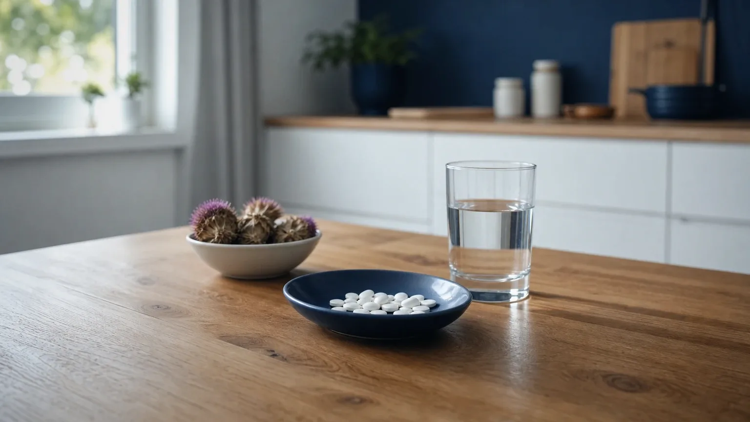 Tabletten, Wasserglas und Mariendistel auf einem Eichentisch – Anadrol Dosierung und Leberschutz