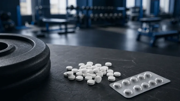 Weiße Tabletten mit Hantelscheibe auf Schiefer – Oxymetholon: Wirkung, Dosierung und Nebenwirkungen
