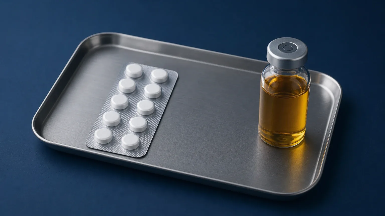 Tabletten im Blister links und ein Glasfläschchen rechts auf Stahltablett – Anavar vs. Trenbolon