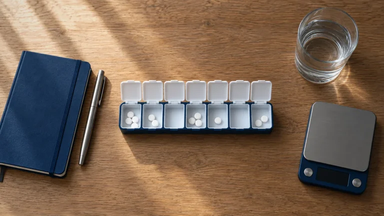 Wochen-Tablettenbox mit weißen Tabletten, Notizbuch und Wasserglas auf Eichenholz – Anavar Dosierung und Kur-Planung