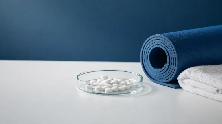 Tabletten in einer Glasschale neben Yogamatte – Anavar Wirkung für Frauen und schlanken Muskelaufbau