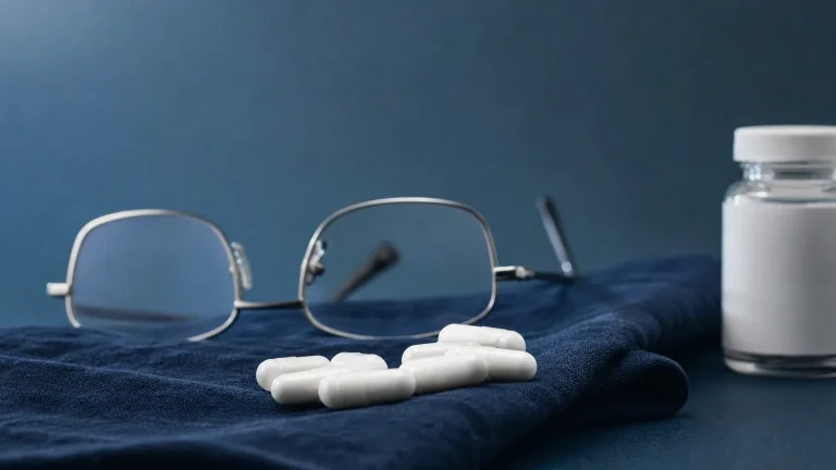 Weiße Kapseln und Lesebrille auf dunkelblauem Leinen – Andarine (S-4) Wirkung und Sehstörungen