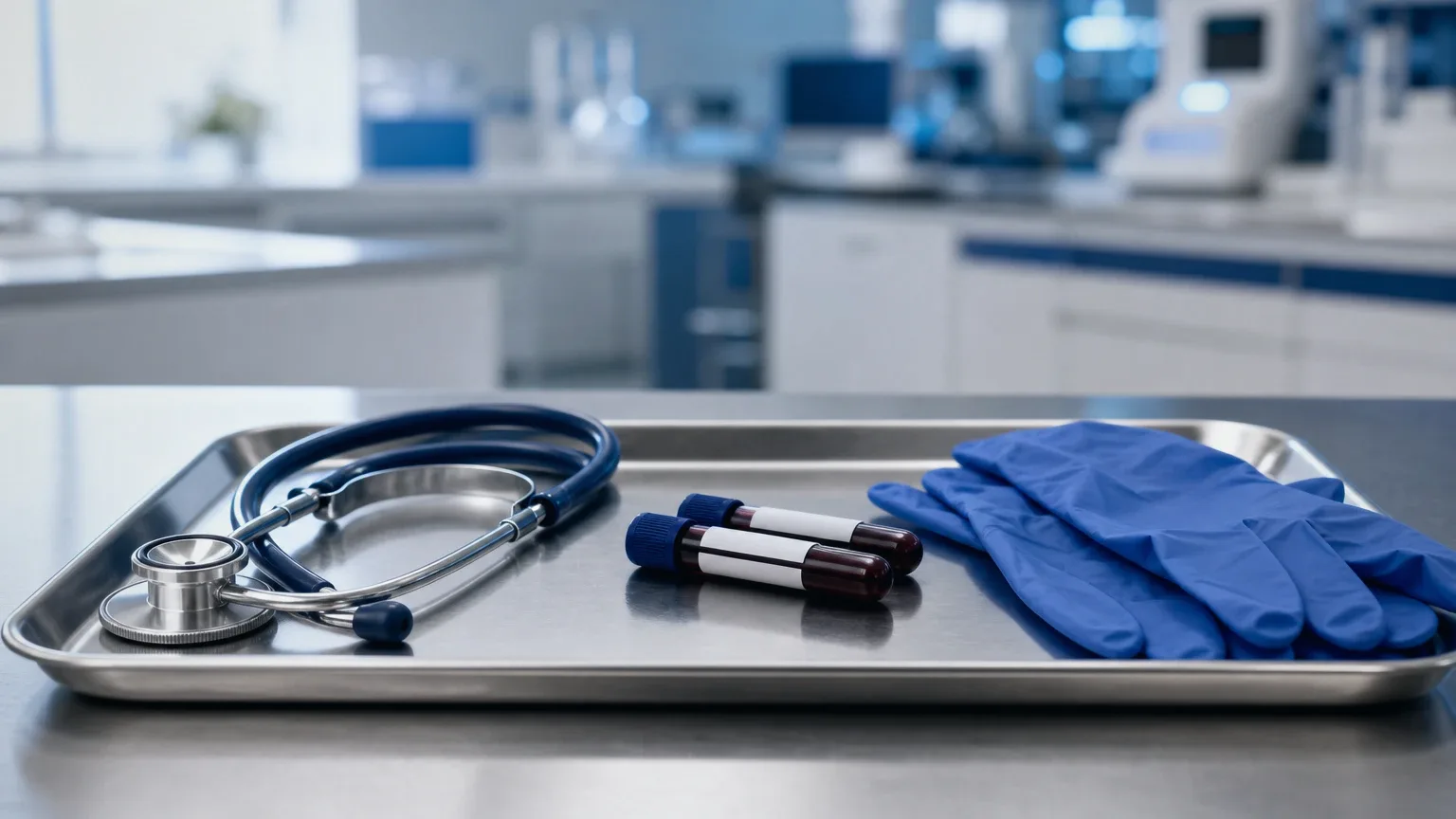 Stethoskop, Blutröhrchen und Handschuhe auf einem Stahltablett – Anzeichen für Steroidkonsum