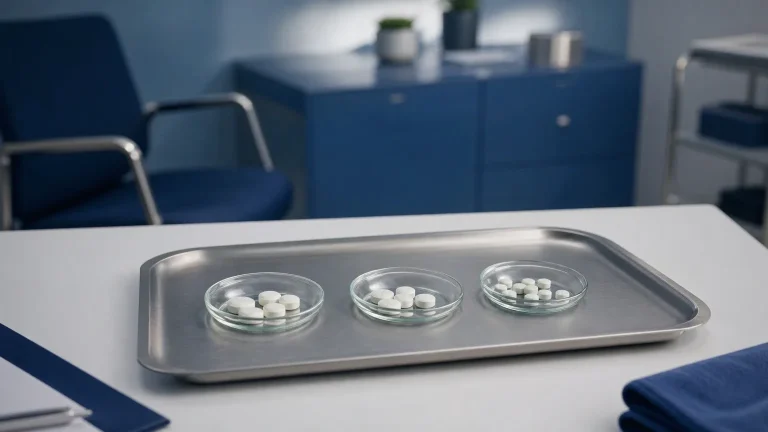 Drei Glasschalen mit Tabletten auf einem Stahltablett – Aromatasehemmer in Steroidzyklen