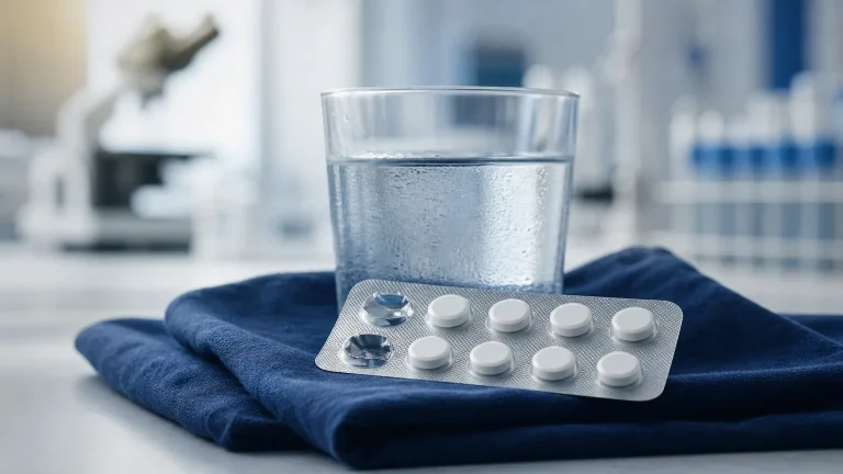 Blisterstreifen mit weißen Tabletten und ein Glas Wasser auf Leinen – Steroid-Kur beendet: was jetzt nach dem Zyklus