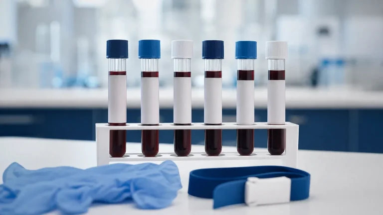 Blutröhrchen mit blauen und weißen Kappen in einem Laborständer – Blutbild-Werte und Test-Timing während der Kur