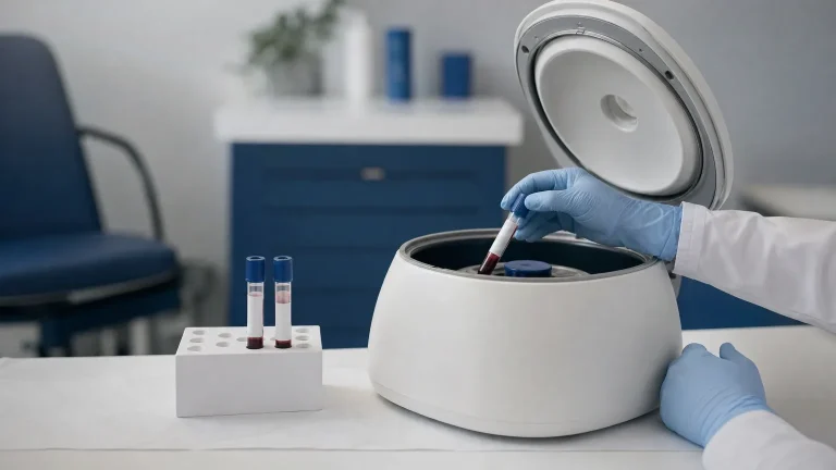 Hände in Handschuhen setzen ein Blutröhrchen in eine Zentrifuge – Blutbild für Steroid-Anwender