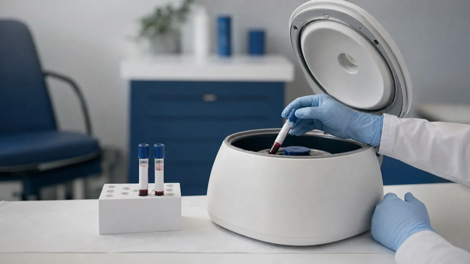 Hände in Handschuhen setzen ein Blutröhrchen in eine Zentrifuge – Blutbild für Steroid-Anwender
