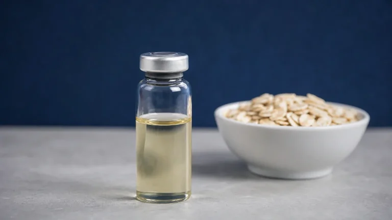 Glasfläschchen neben einer Schale Haferflocken – Boldenon Dosierung für lange Zyklen und Appetit