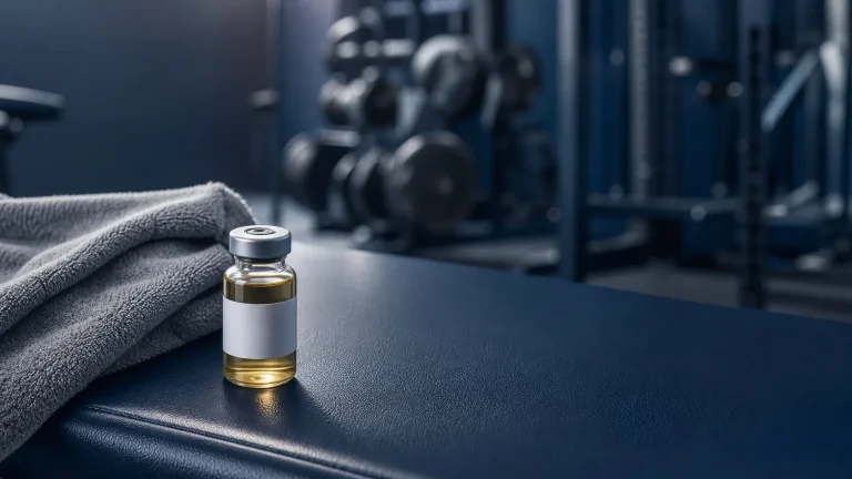 Glasfläschchen mit Handtuch auf der Hantelbank im Fitnessstudio – Boldenon-Undecylenat: Wirkung und Erfahrungen