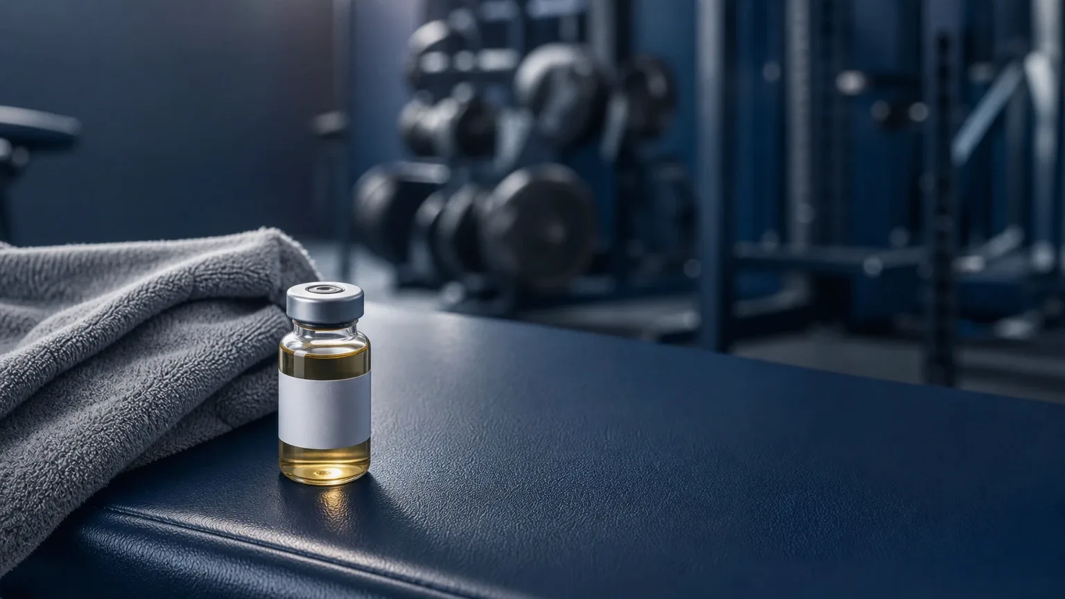 Glasfläschchen mit Handtuch auf der Hantelbank im Fitnessstudio – Boldenon-Undecylenat: Wirkung und Erfahrungen