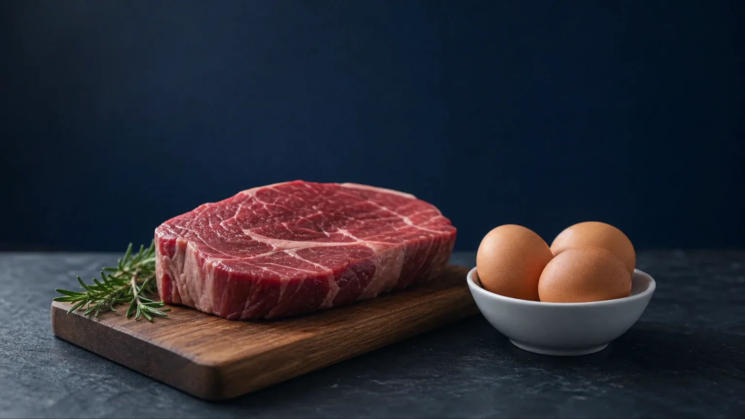 Rohes Steak auf Holzbrett und drei rohe Eier in einer weißen Schale auf Schiefer – die geheime Kur von Liver King