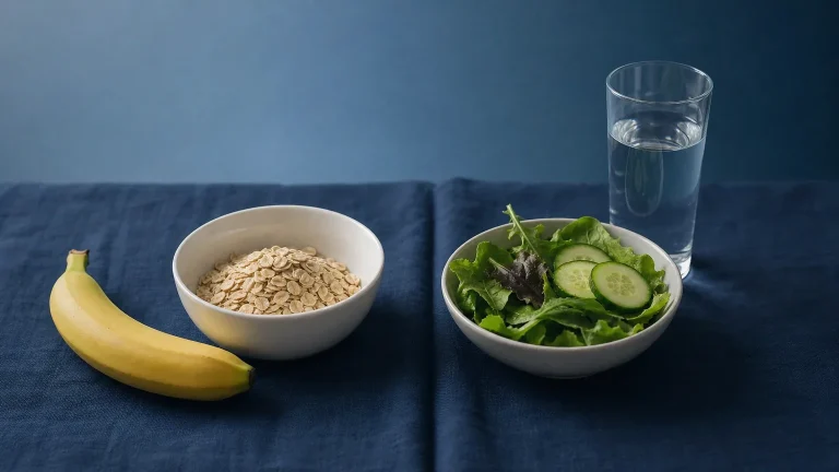 Haferflocken mit Banane und kleine Salatschale mit Wasserglas auf Leinen – Bulking vs. Cutting Steroide