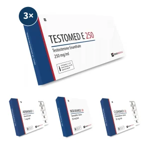 Erste Steroid Kur Anfänger Plan mit drei Packungen Testomed E 250 Testosteron Enantat Ampullen, Arimimed 1, Nolvamed 20 und Clomimed 50 Tabletten für 12 Wochen Muskelaufbau mit PCT.