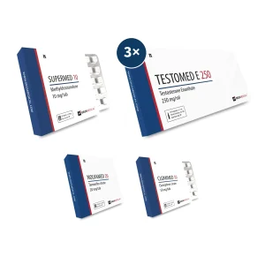 Superdrol Kur Plan mit einer Packung Supermed 10 Methyldrostanolon-Tabletten, drei Packungen Testomed E 250 Ampullen, Nolvamed 20 und Clomimed 50 – 12-wöchiger Masseaufbau mit trockenem oralem Kickstart.