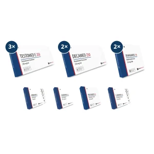 Testosteron Deca Dianabol Kur für fortgeschrittenen Masseaufbau – drei Schachteln Testomed E 250, zwei Schachteln Decamed 250 Ampullen, zwei Packungen Dianamed 10, dazu Arimimed, Cabermed, Nolvamed und Clomimed für 12 Wochen Golden-Era-Stack.
