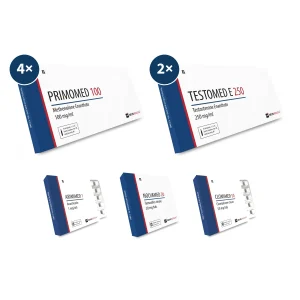 Primobolan Kur Plan für saubere Definition mit vier Packungen Primomed 100 Methenolon Enantat Ampullen, zwei Packungen Testomed E 250, Arimimed 1, Nolvamed 20 und Clomimed 50 für 10 Wochen trockenen Muskelaufbau.