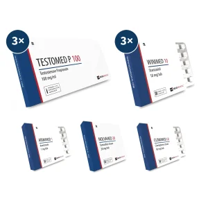 Winstrol Kur Plan mit drei Packungen Winimed 10 Stanozolol-Tabletten, Testomed P 100 Ampullen, Arimimed 1, Nolvamed 20 und Clomimed 50 – 10-wöchiger Definitions-Stack für Muskelhärte.