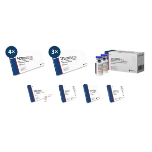 Primobolan + Testosteron + HGH Premium Kur für Männer mit vier Packungen Primomed 100 Ampullen, drei Packungen Testomed E 250 Ampullen, einem Deustropin 120 IE Kit, Watermed Ampullen sowie Arimimed, Nolvamed und Clomimed Tabletten für 12 Wochen Qualitätsmasse mit PCT.