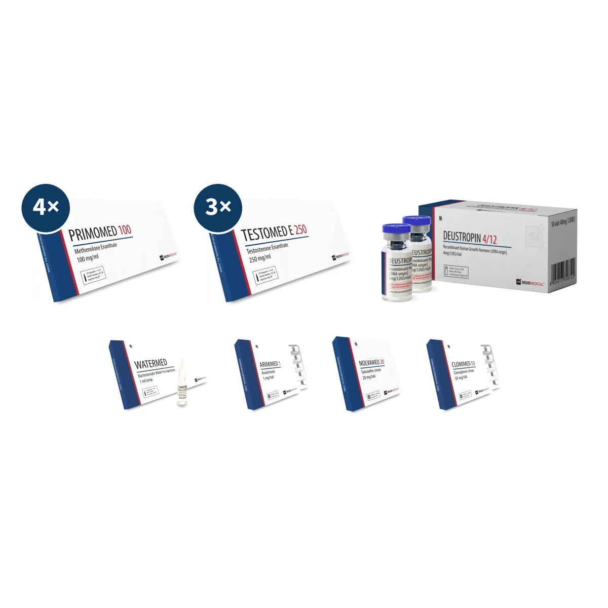 Primobolan + Testosteron + HGH Premium Kur – Qualitätsmasse und Recomposition in 12 Wochen 1 Primobolan + Testosteron + HGH Premium Kur für Männer mit vier Packungen Primomed 100 Ampullen, drei Packungen Testomed E 250 Ampullen, einem Deustropin 120 IE Kit, Watermed Ampullen sowie Arimimed, Nolvamed und Clomimed Tabletten für 12 Wochen Qualitätsmasse mit PCT.