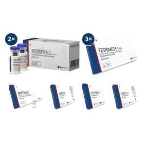 HGH + Testosteron Kur für Männer mit zwei Deustropin 120 IE Kits, drei Packungen Testomed E 250 Ampullen, Watermed Ampullen sowie Arimimed, Nolvamed und Clomimed Tabletten für 12 Wochen Muskelaufbau und Anti-Aging mit PCT.