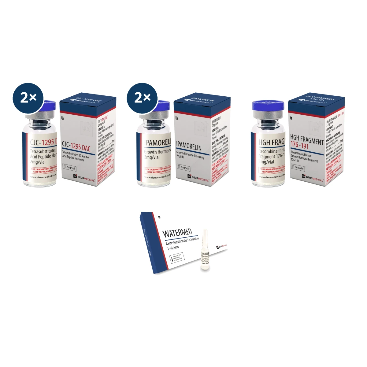 Peptid Kur Plan – CJC-1295 + Ipamorelin Fettabbau über 4 Wochen 1 Peptid Kur Plan CJC-1295 Ipamorelin Fettabbau – zwei Vials CJC-1295 DAC 2 mg, zwei Vials Ipamorelin 5 mg, ein Vial HGH Fragment 176-191 5 mg und Watermed bakteriostatisches Wasser von Deus Medical für eine 4-wöchige steroidfreie Fettabbau-Kur.