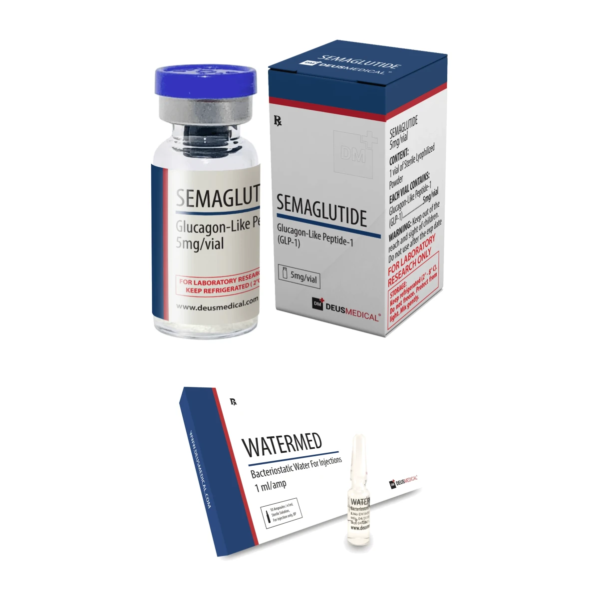 Semaglutid Abnehmkur – GLP-1 Gewichtsverlust in 8 Wochen (Starterkur mit Aufdosierung) 1 Semaglutid Abnehmkur mit einem Vial Semaglutid von Deus Medical und einer Packung Watermed bakteriostatischem Wasser für 8 Wochen GLP-1 Gewichtsverlust mit wöchentlicher Injektion.