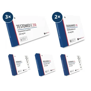 Dianabol Kur Plan Masse Kickstart – drei Schachteln Testomed E 250 Ampullen, zwei Packungen Dianamed 10 Tabletten, dazu Arimimed, Nolvamed und Clomimed für einen 12-wöchigen Masseaufbau mit oralem Kickstart.