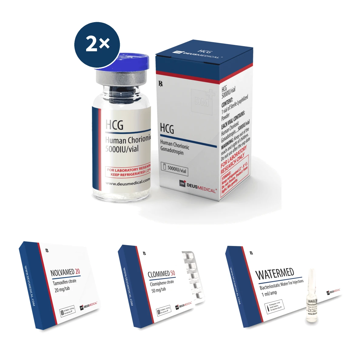 PCT Kur Plan mit zwei Vials HCG 5000 IE, Watermed bakteriostatischem Wasser, Nolvamed 20 Tamoxifen- und Clomimed 50 Clomifen-Tabletten – 6-wöchige Post Cycle Therapy nach schweren Steroidkuren.