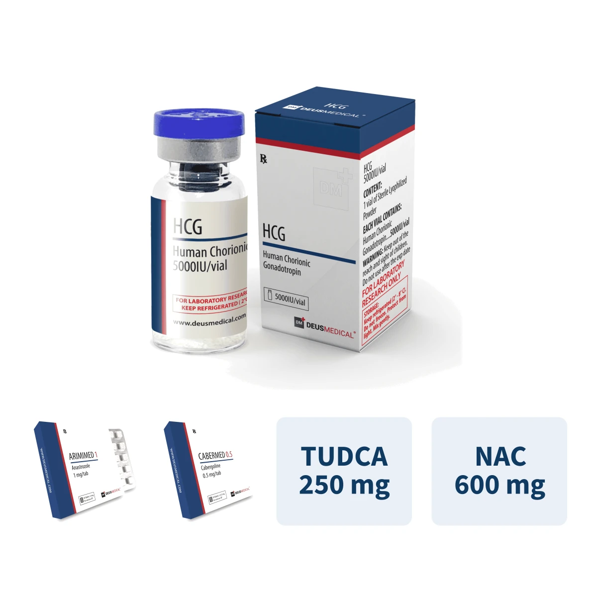 Kur-Schutz Komplettpaket Leber Östrogen Prolaktin – Arimimed 1 und Cabermed 0.5 Tabletten, ein Vial HCG 5000 IE von Deus Medical sowie TUDCA 250 mg und NAC 600 mg Kapseln als On-Cycle-Schutz für jede Steroidkur.