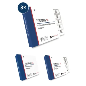 Turinabol Kur Plan für Männer mit drei Packungen Turimed 10 mg Tabletten, einer Packung Nolvamed 20 mg und einer Packung Clomimed 50 mg für 7 Wochen trockenen Muskelaufbau mit PCT.
