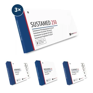 Sustanon Kur Plan Testosteron-Mix Masseaufbau – drei Schachteln Sustamed 250 Ampullen, dazu Arimimed, Nolvamed und Clomimed Tabletten für eine 12-wöchige Masseaufbau-Kur mit PCT.
