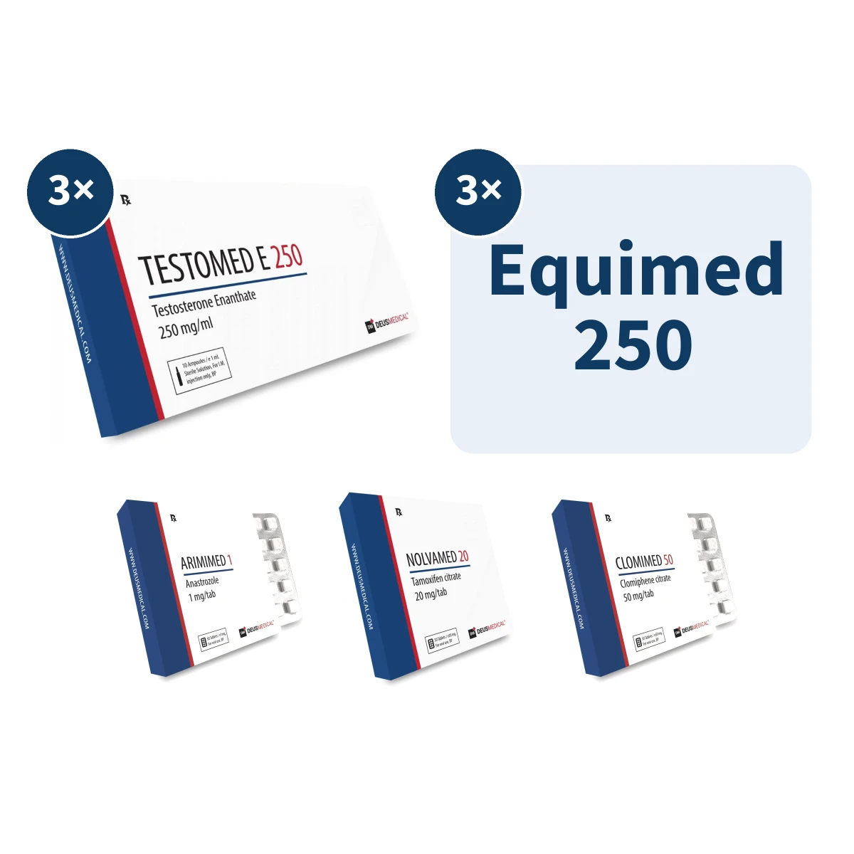 Boldenon + Testosteron Kur – Qualitätsmasse in 12 Wochen (zweite Kur) 1 Boldenon + Testosteron Kur für Männer mit drei Packungen Testomed E 250 Ampullen, drei Packungen Equimed 250 Ampullen sowie Arimimed 1 mg, Nolvamed 20 mg und Clomimed 50 mg Tabletten für 12 Wochen Qualitätsmasse mit PCT.