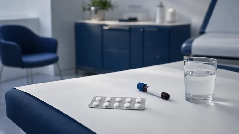 Weiße Tabletten im Blister, Blutröhrchen und Wasserglas auf einem Praxistisch – Cabergolin gegen Prolaktin bei Trenbolon und Nandrolon