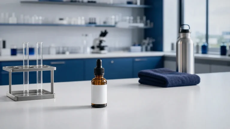 Pipettenfläschchen auf einer Laborbank, Trinkflasche und Handtuch dahinter – Cardarine GW501516 Wirkung und Risiken