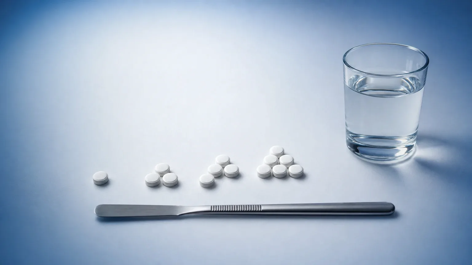 Weiße Tabletten in Stufenform und ein Glas Wasser auf einer Laborbank – Clenbuterol Dosierung für Frauen und Männer