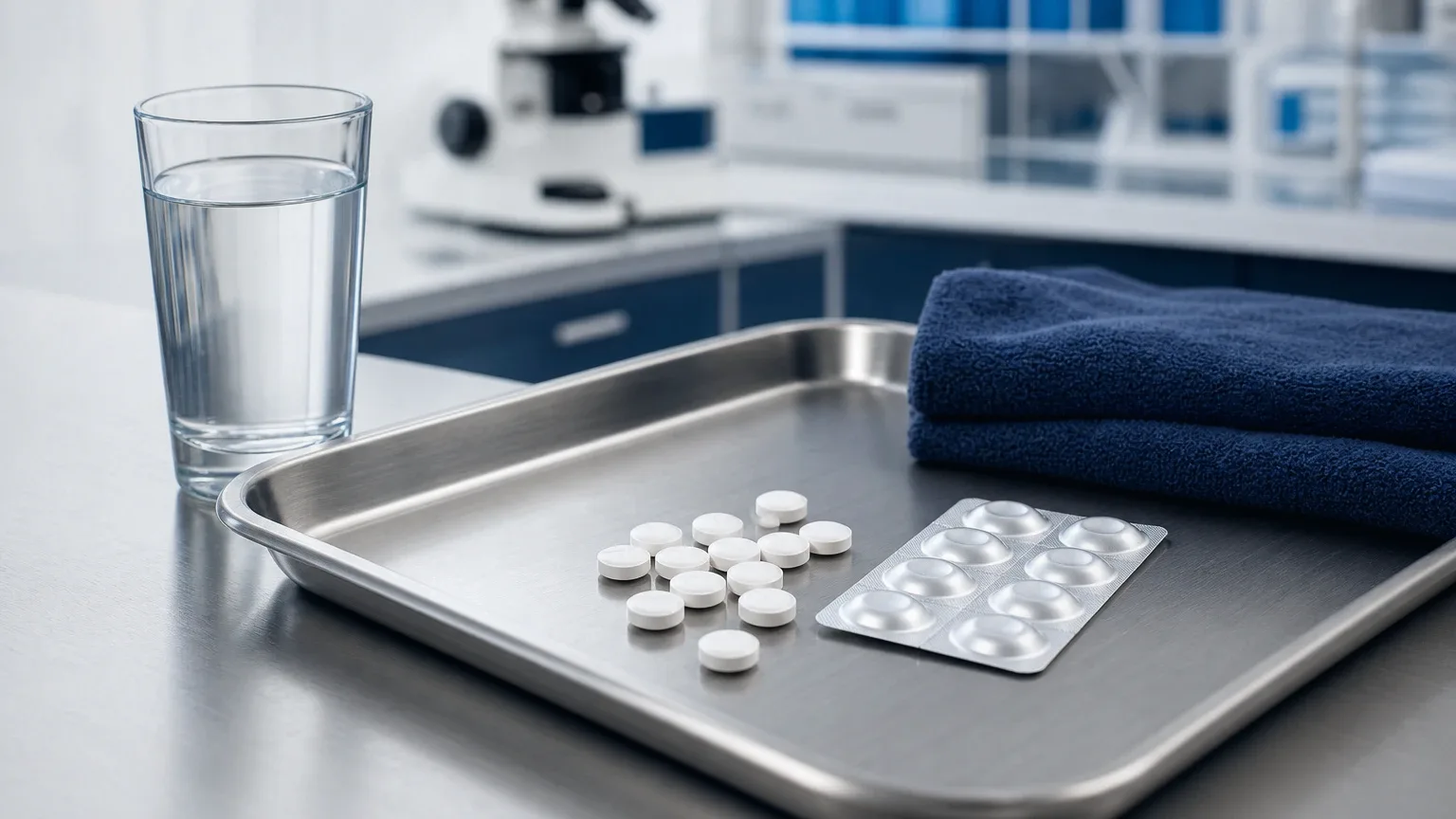 Tabletten, ein Glas Wasser und ein Handtuch auf einem Stahltablett – Clenbuterol Wirkung