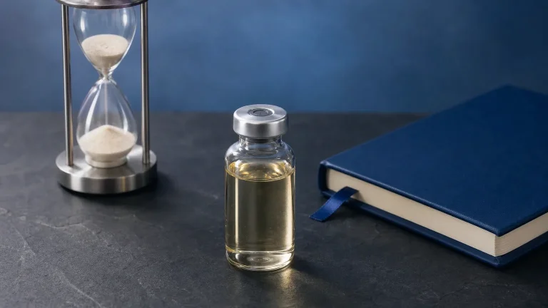 Glasfläschchen, Sanduhr und Notizbuch auf Schiefer – Deca Durabolin Dosierung im 16-Wochen-Plan